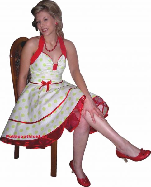 Punktekleid Rockabilly wei&szlig; gro&szlig;e hellgr&uuml;ne Tupfen rote Tr&auml;ger