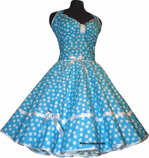 50er Kleid 3 t&uuml;rkis tanzende wei&szlig;e Punkte weiss