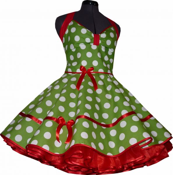Punktekleid Rockabilly gr&uuml;n gro&szlig;e wei&szlig;e Tupfen rote Necks
