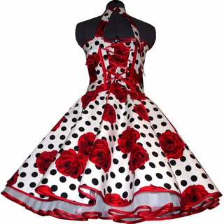 Petticoat Kleid Tanzkleid wei schwarze Punkte rote Rosen Korsage