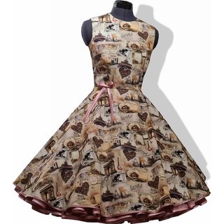 50er Jahre Kleid zum Petticoat mit wunderschnen Motiven im Pariser Flair braun rosa 32-44