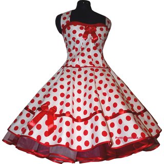 Weies 50er Korsage Petticoat Kleid rote Punkte