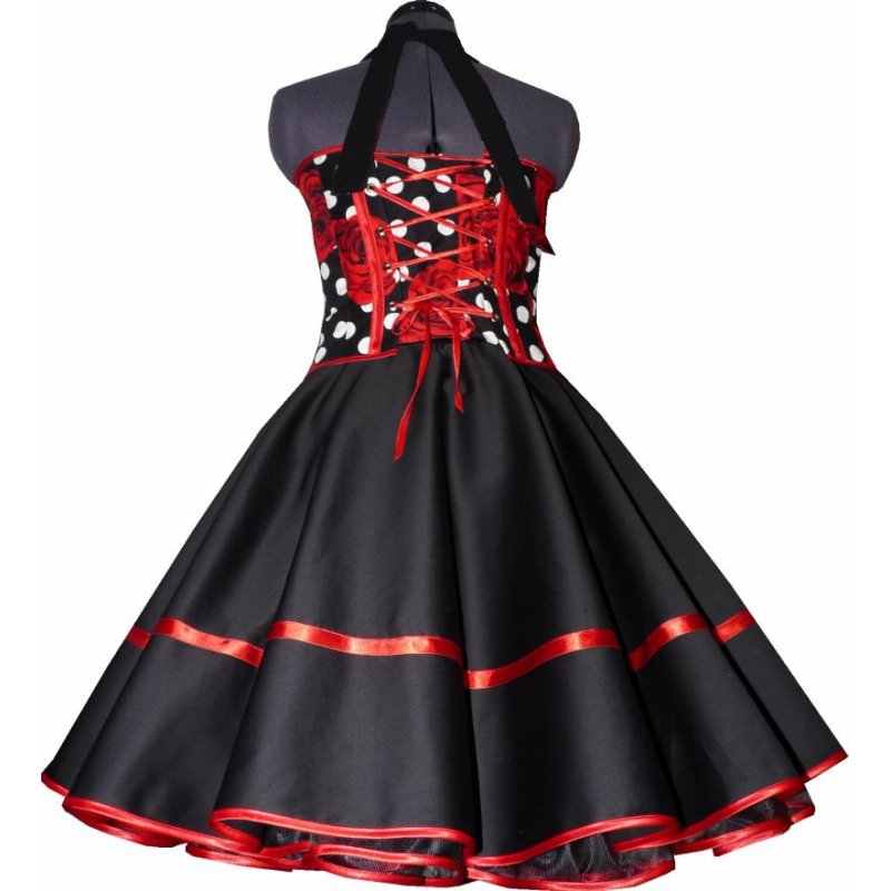 Schwarzes 50er Petticoat Kleid mit Punkten und roten Rosen ...
