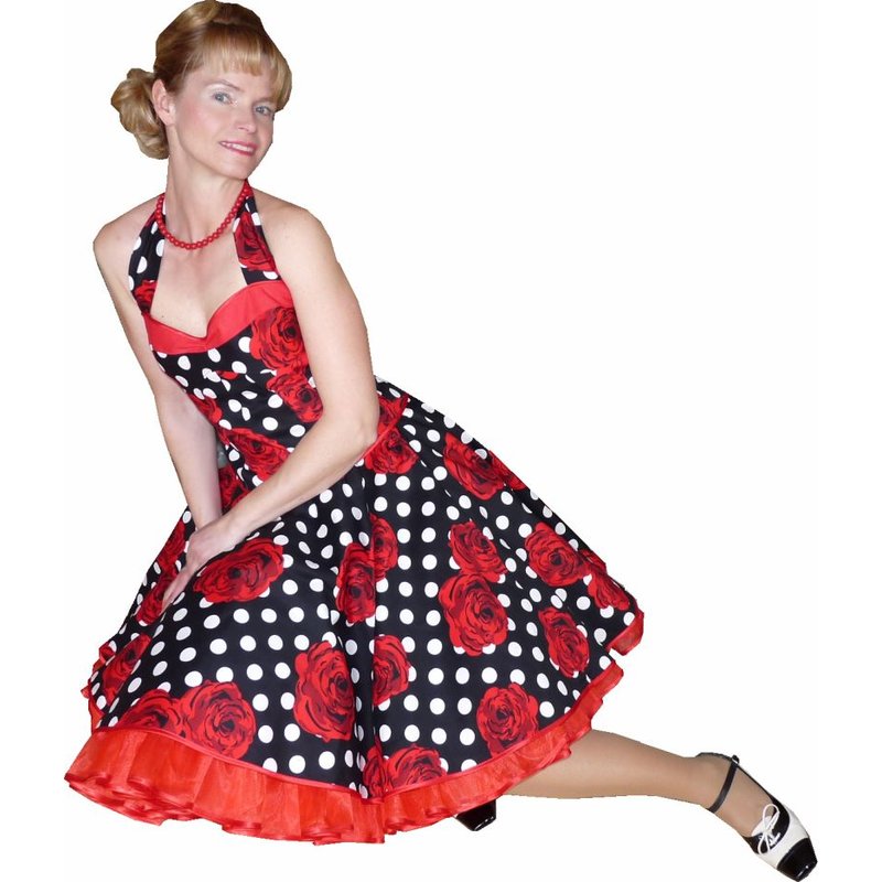 Petticoat Kleid Tanzkleid schwarz weiße Punkte rote Rosen ...