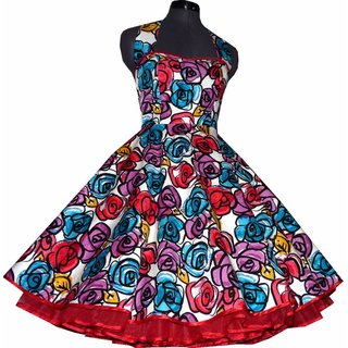 50er Kleid zum Petticoat bunte Retorblumen rot blau lila 34-46