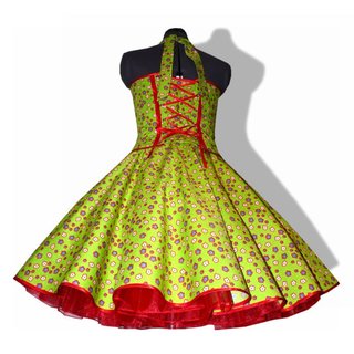 Tanzkleid der 50er zum Petticoat grün kleine rote Blumen und Punkte Maßanfertigung