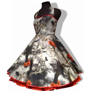 50er Kleid zum Petticoat Gothik Vampir Mystik Rosen grau rot 36