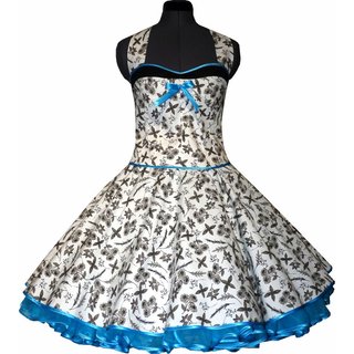 50er Kleid zum Petticoat weiß mit schwarzen Blumen Türkis Akzent 36