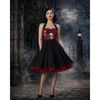 50er Petticoatkleid Ghotik Rosen rot Totenköpfe mit schwarzem Rock