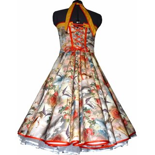 50er Jahre Petticoatkleid Birds and Roses Fantasie bunt gelb orange