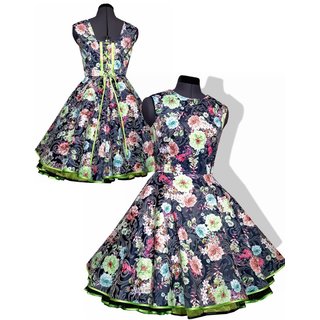Kleid zum Petticoat Rockabilly schwarz grüne bunte Blumen  32-44