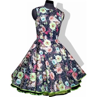 Kleid zum Petticoat Rockabilly schwarz grüne bunte Blumen  32-44