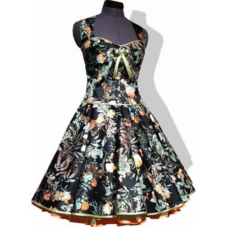 50er Jahre Kleid zum Petticoat schwarz mit Blumen orange grün