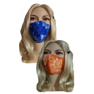 Mundmaske orange blaue Rosen Blumen Stoffmaske Gesichtsmaske Baumwolle waschbar mit Einschubfach und Draht