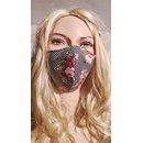 Mundmaske schwarz weiß kariert mit rosa Blumen Stoffmaske...