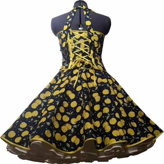 50er Jahre Kleid zum Petticoat  dunkelblau gelbe Kirschen und Punkte Vintage Korsage