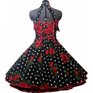 50er Jahre Kleid zum Petticoat schwarz rote Rosen und Punkte Vintage Korsage