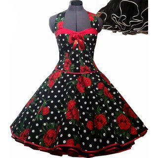 50er Jahre Kleid zum Petticoat schwarz rote Rosen und Punkte Vintage Korsage 36 mit Petticoat