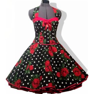50er Jahre Kleid zum Petticoat schwarz rote Rosen und Punkte Vintage Korsage 36 mit Petticoat