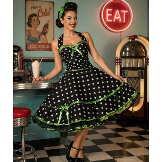 50er Jahre Petticoatkleid schwarz weiße Punkte Bänder lind grün