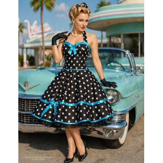 50er Punkte Korsagenkleid schwarz Punkte weiß  Band tuerkis20mm