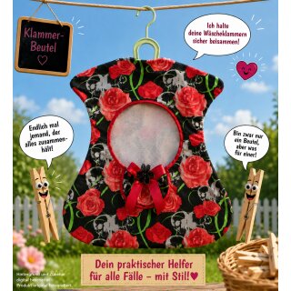 Klammerbeutel Klammerkleid Vintage Gothik, Rosen und Totenköpfe rot