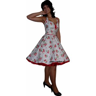 50er Jahre Erdbeerkleid zum Petticoat weiß mit schwarzen Punkten