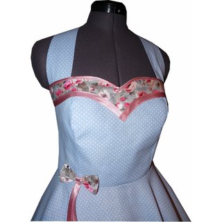 Petticoatkleid hellblau Tanzkleid Rockabilly kleine Pünktchen mit rosa Blüten M1