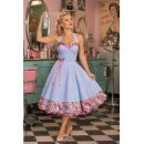 Petticoatkleid hellblau Tanzkleid Rockabilly kleine Pünktchen mit rosa Blüten M1