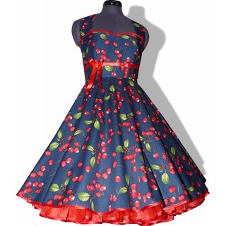 50er Jahre Kleid zum Petticoat blau rote Kirschen Rockabilly 34-44