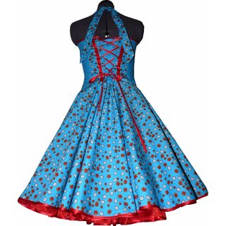 Tanzkleid der 50er zum Petticoat türkis blau kleine rote Blumen und Punkte