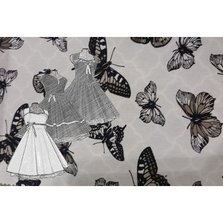 50er Kleid zum Petticoat weiß mit schwarzen Schmetterlingen im Sepialook